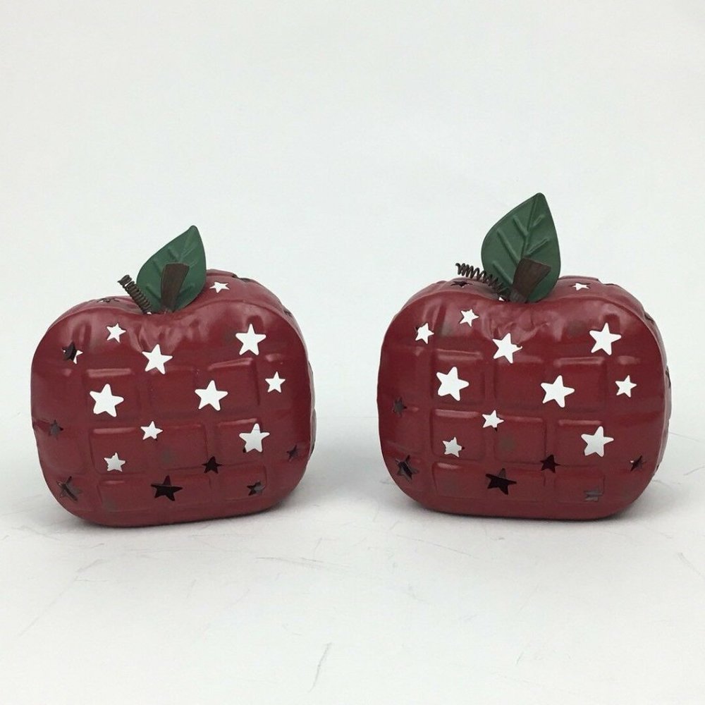 Metal Red Apple w Star‎ Cut Outs Tea Light Holder